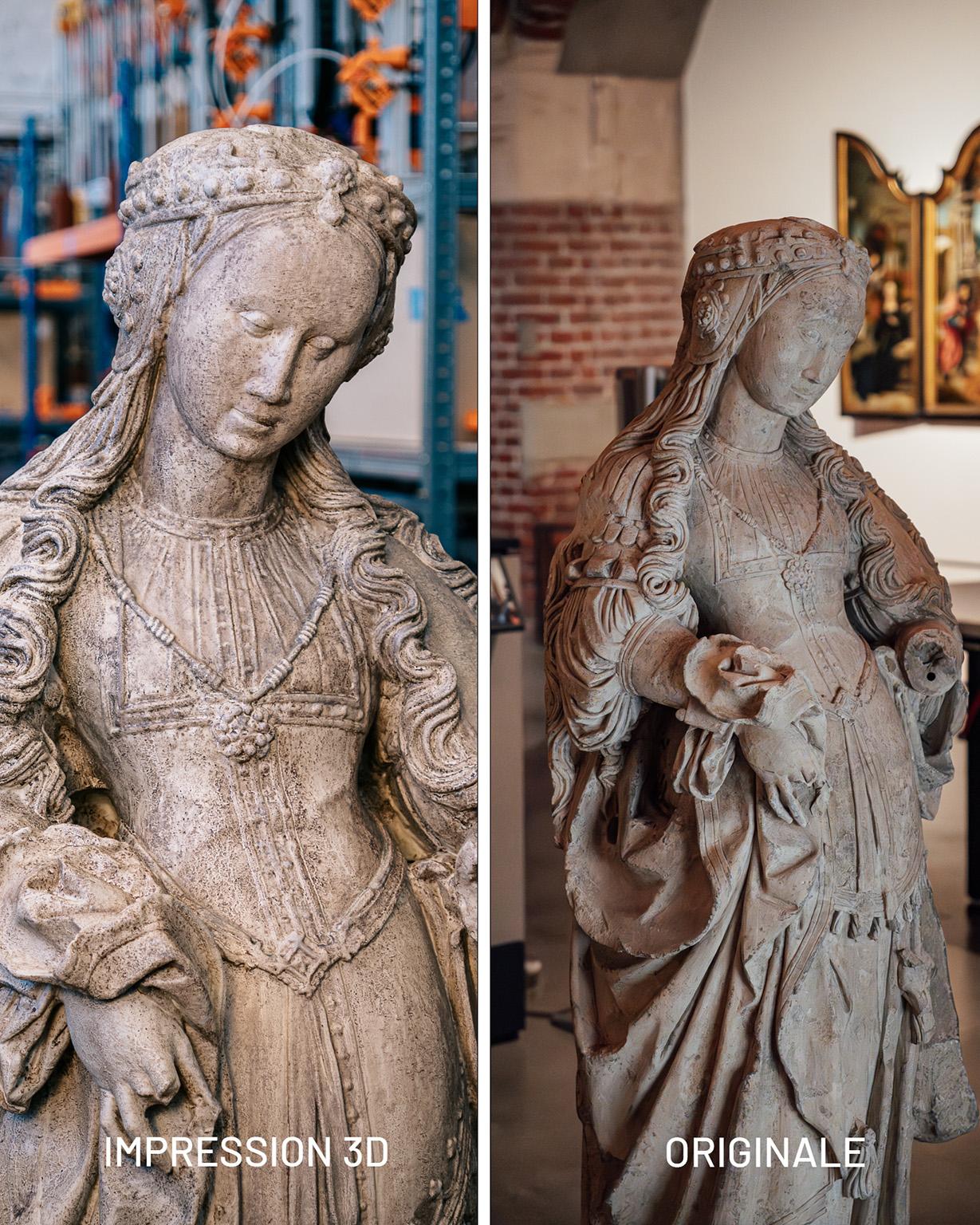 Comparaison entre la sculpture originale en calcaire et sa réplique imprimée en 3D des Belles du Nord
