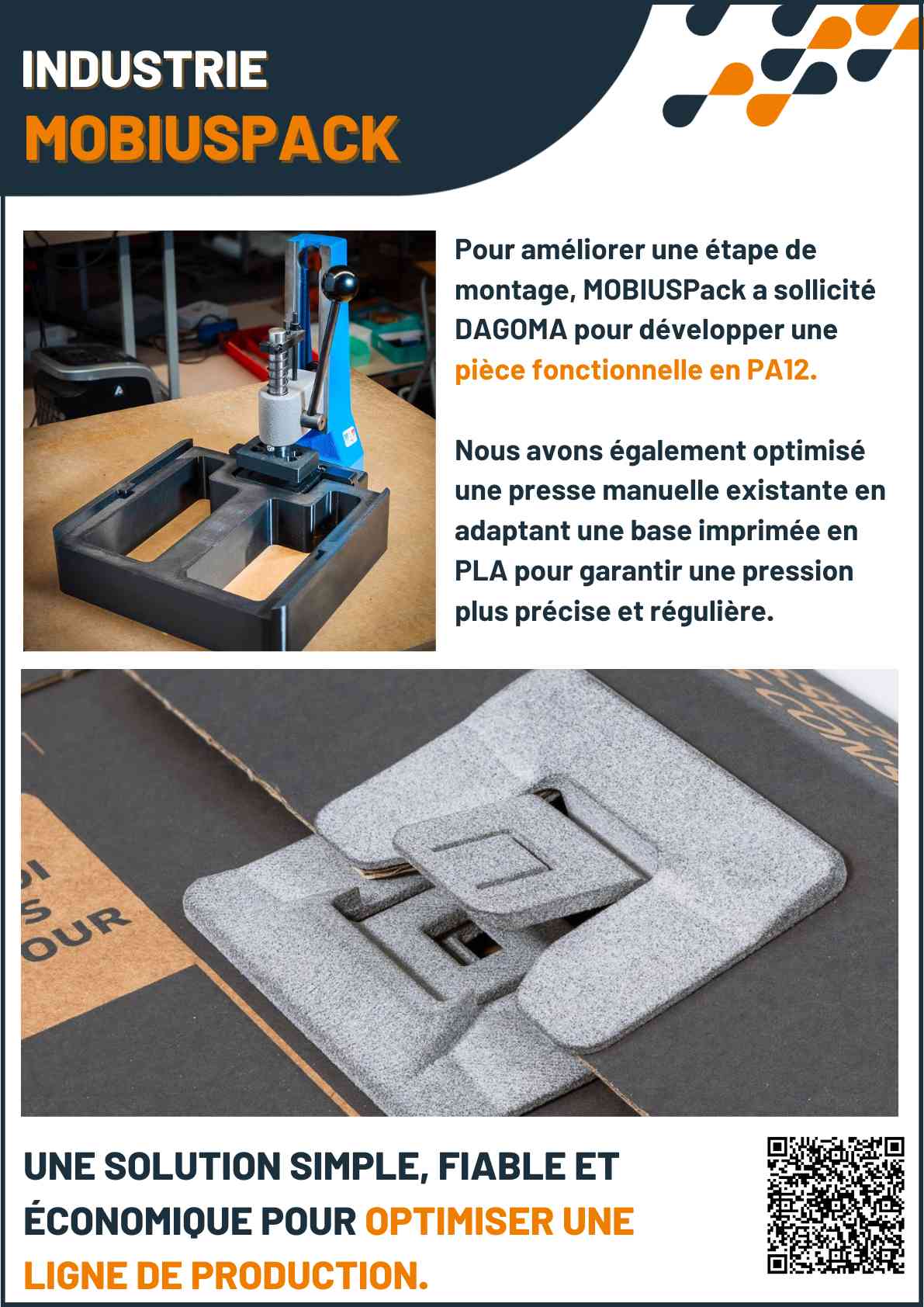 Cas client DAGOMA — Industrie · Mobiluspack, impression 3D sur-mesure