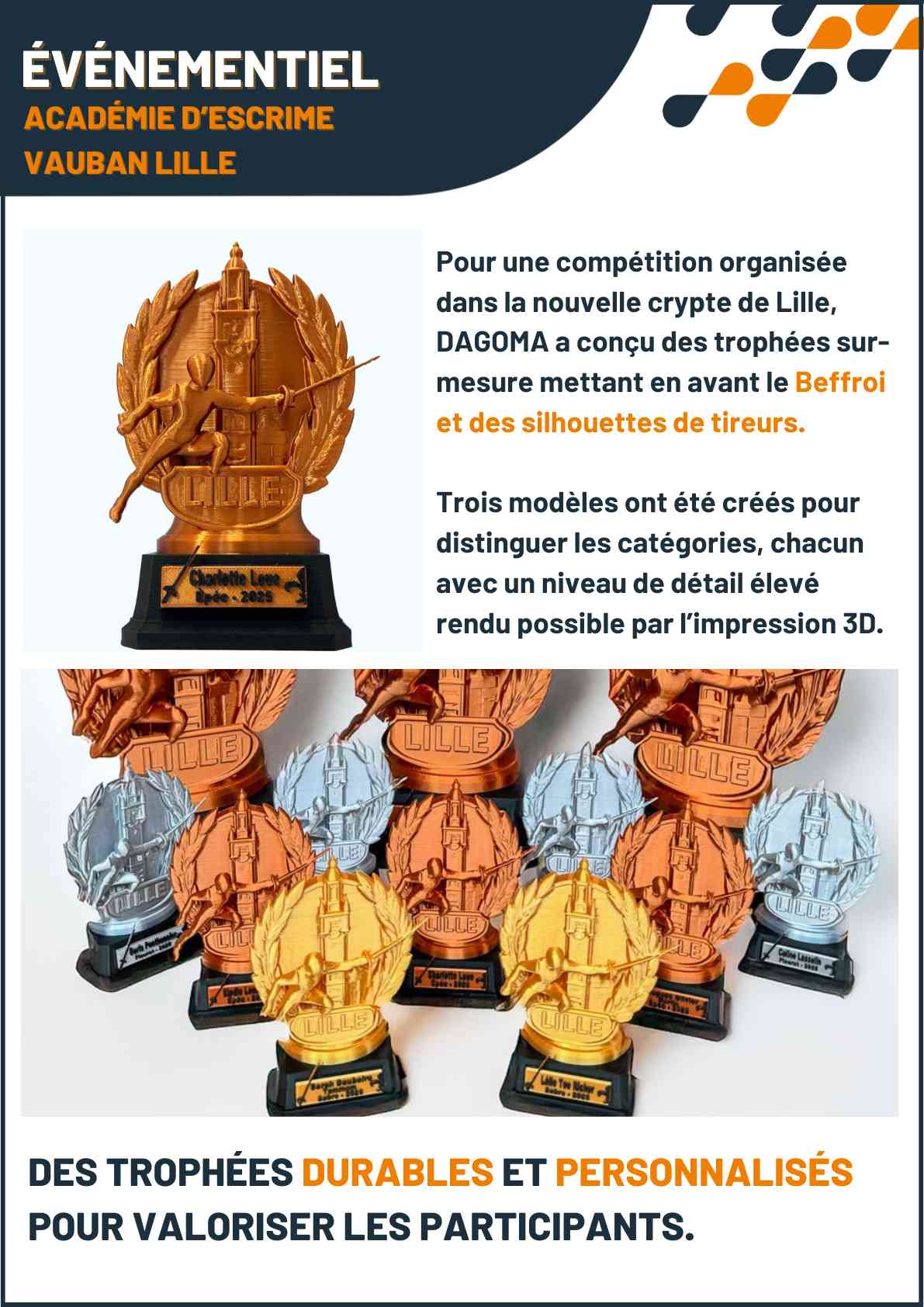 Cas client DAGOMA — Événementiel · Trophées, impression 3D sur-mesure