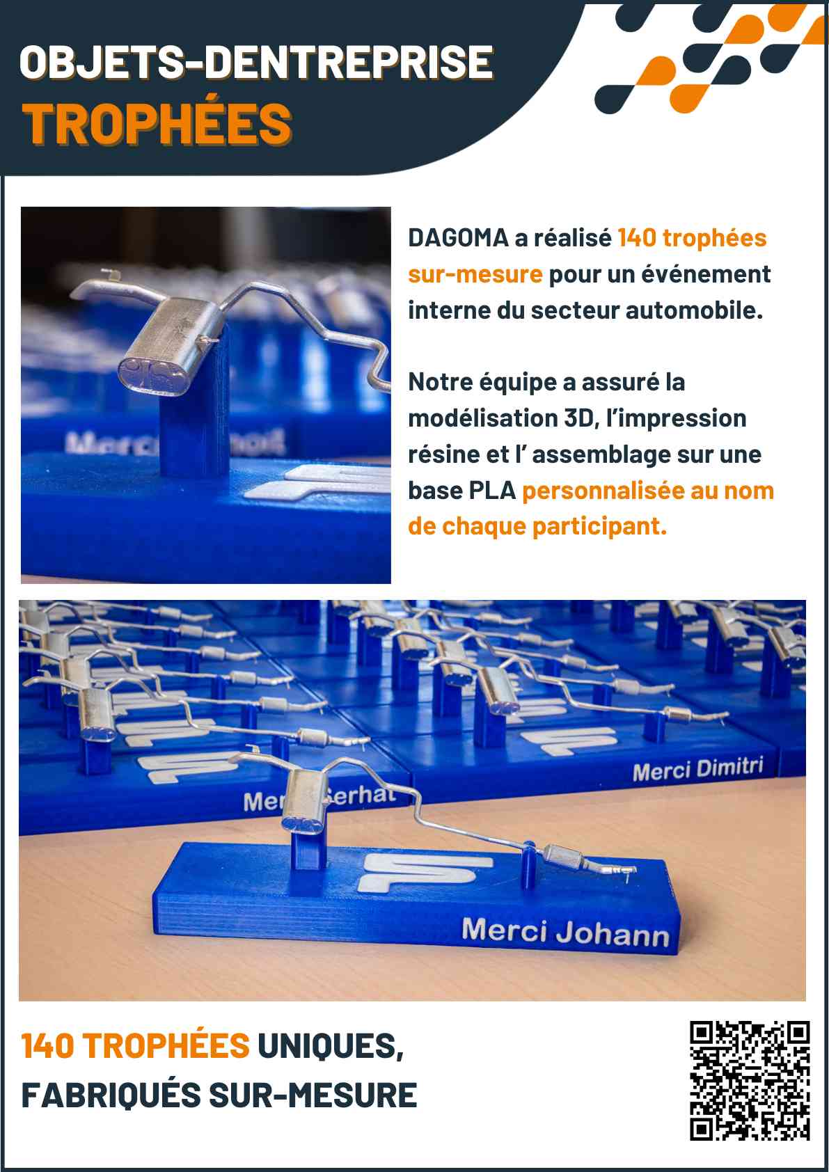 Cas client DAGOMA — Objets d'entreprise · Trophées, impression 3D sur-mesure